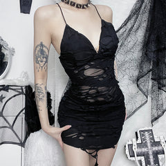 Sheer Gothic Distressed High-Slit Slim-Fit Crop Top