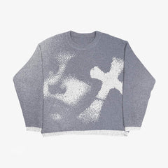 Grunge Cross Printed Crewneck Loose-Fit Knit Sweater