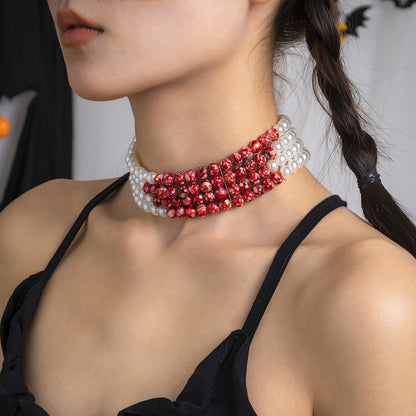 Halloween Beaded Creative Blood Drop Tassel High-End Red Personality Necklace