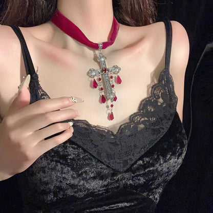 Gothic Blood Drop Tassel Exaggerated Punk Dark Cross Necklace Halloween