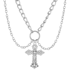 Ins Alloy Vintage Diamond Cross Pendant Necklace Silver Halloween