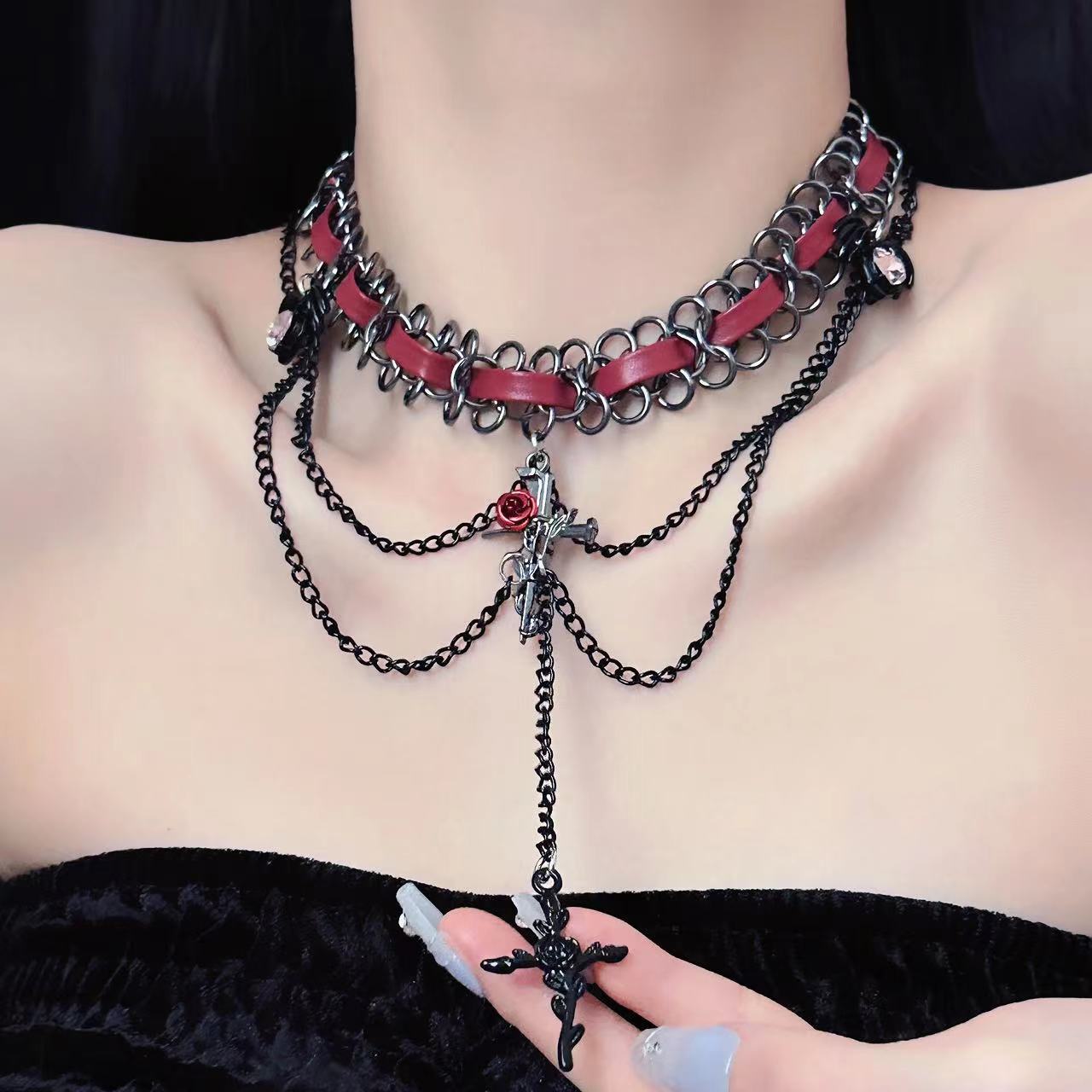 Sweet Cool Cross Red Leather Gothic Retro Tassel Layered Necklace Halloween Main image