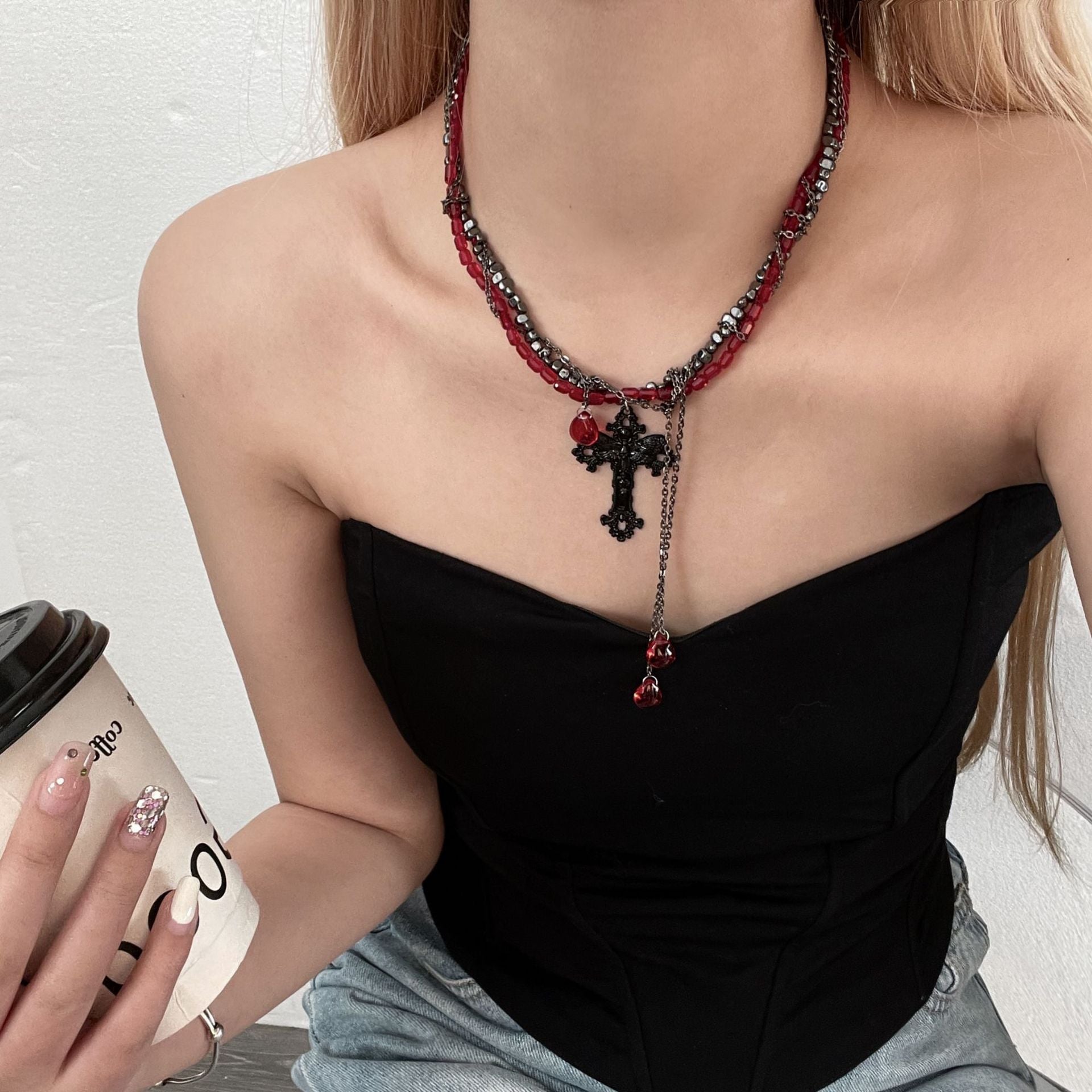 Gothic Dark Cross Tassel Necklace Secondary image