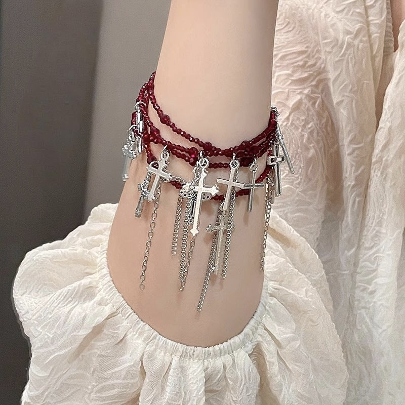 Japanese Dark Cross Layered Tassel Red Beaded Punk Choker Necklace Halloween