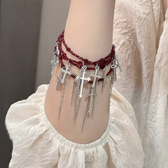 Japanese Dark Cross Layered Tassel Red Beaded Punk Choker Necklace Halloween