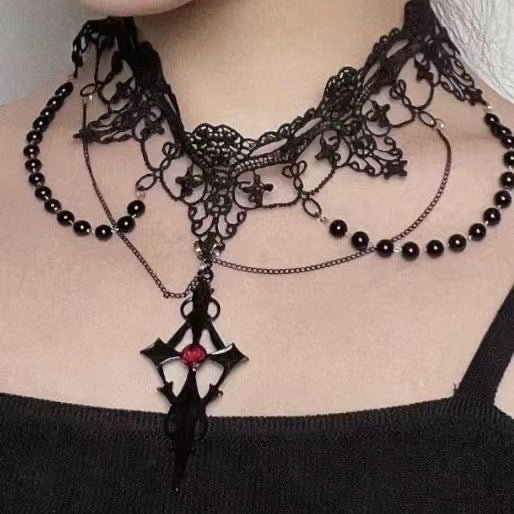 Dark Lolita Gothic Lace Pearl Cross Halloween Necklace Main image