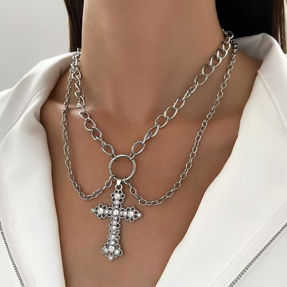 Ins Alloy Vintage Diamond Cross Pendant Necklace Halloween