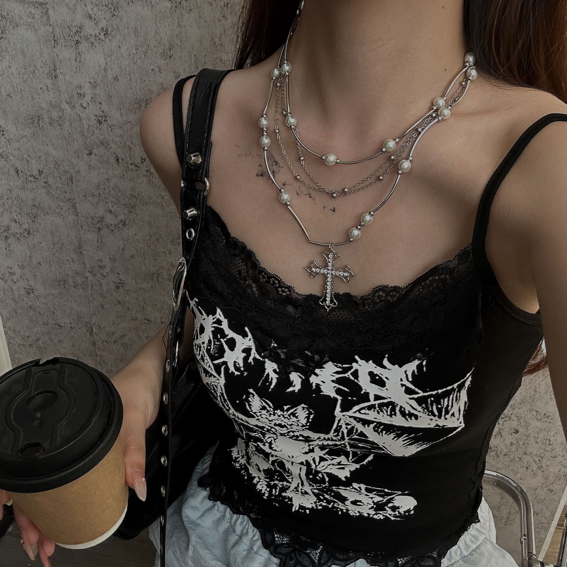 Sweet Cool Layered Cross Pearl Necklace Silver Halloween