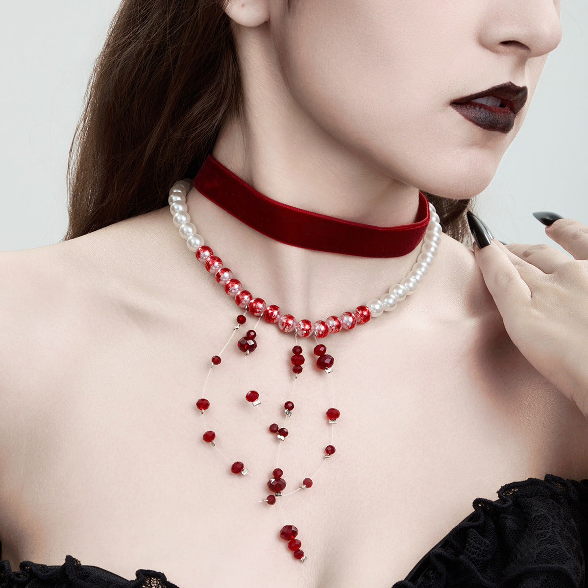 Gothic Pearl Tassel Velvet Halloween Blood Drip Tassel Crystal Choker Necklace Secondary image