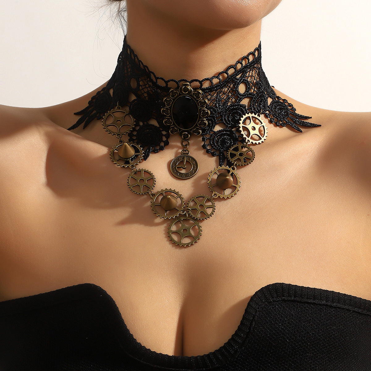 Gothic Steam Punk Black Lace Gear Exaggerated Necklace Halloween Main image