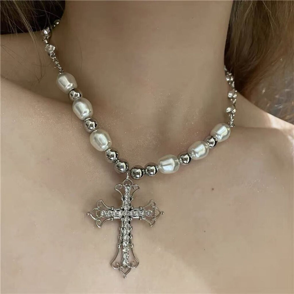 Hip-Hop Retro Pearl Punk Dark Gothic Cross Pendant Necklace Halloween