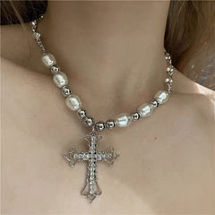 Hip-Hop Retro Pearl Punk Dark Gothic Cross Pendant Necklace Halloween
