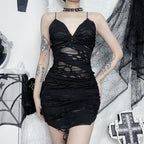 Sheer Gothic Distressed High-Slit Slim-Fit Crop Top
