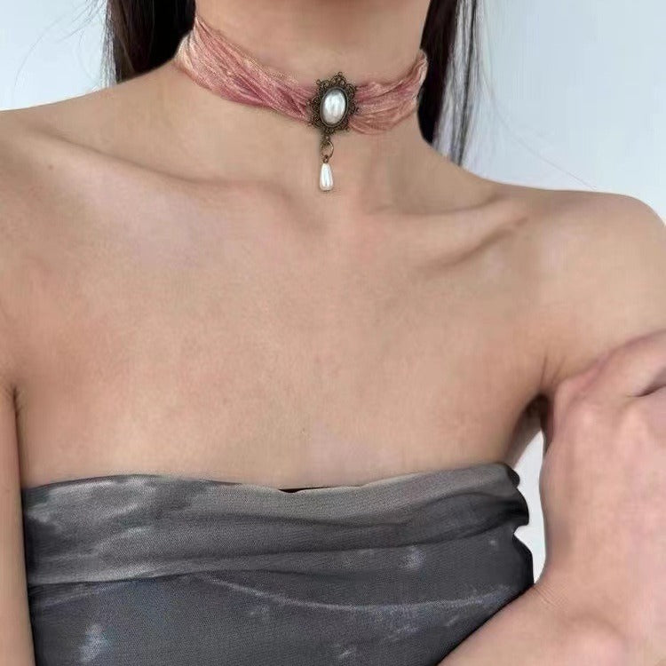 Baroque Vintage Silk Sheer Pearl Choker Necklace Halloween