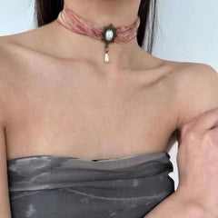 Baroque Vintage Silk Sheer Pearl Choker Necklace Halloween