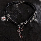 Hip-Hop Dark Cross Rivet Triple Leather Chain Personality Necklace Black Halloween