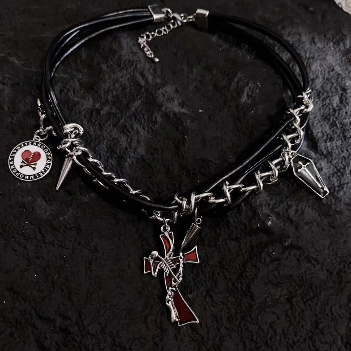 Hip-Hop Dark Cross Rivet Triple Leather Chain Personality Necklace Black Halloween