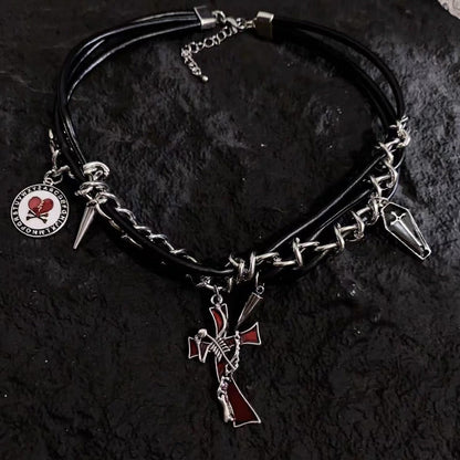 Hip-Hop Dark Cross Rivet Triple Leather Chain Personality Necklace Black Halloween