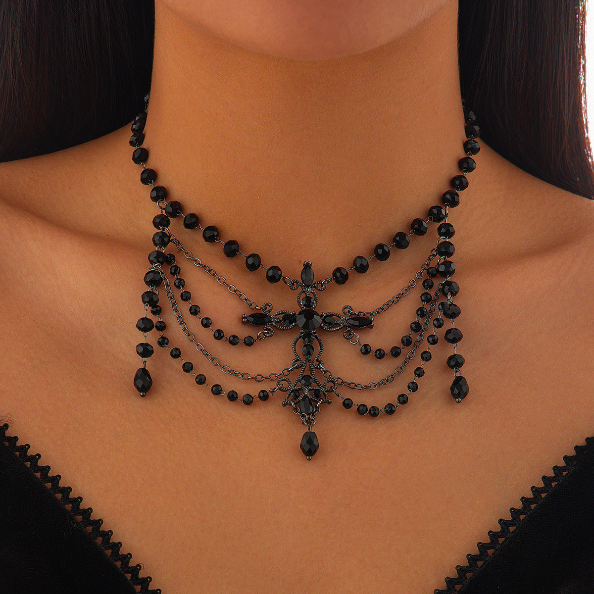 Punk Beaded Tassel Halloween Party Handmade Gemstone Choker Necklace Main image