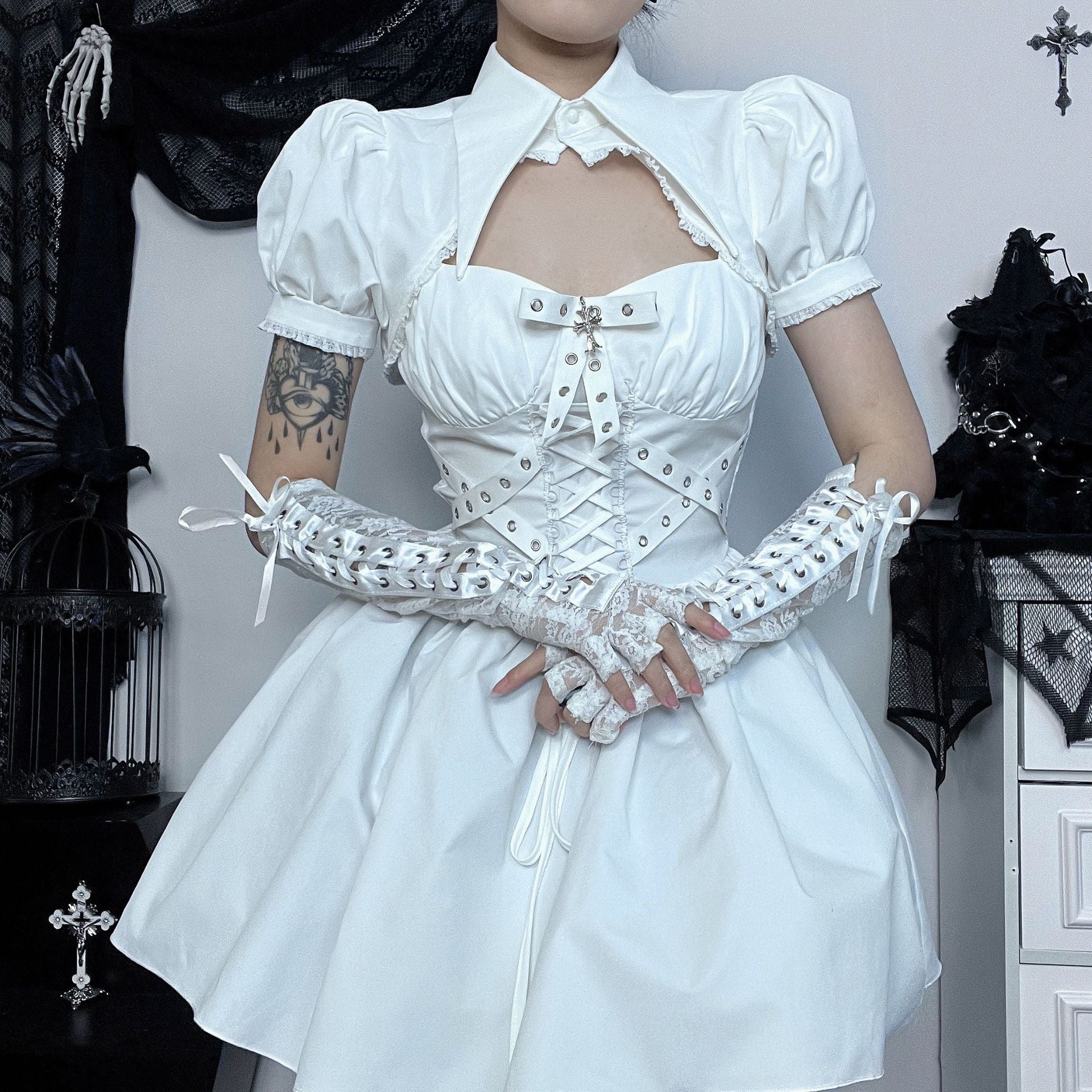 Polo Collar Bubble Sleeve Blouse Slim-Fit Crop Top Main image