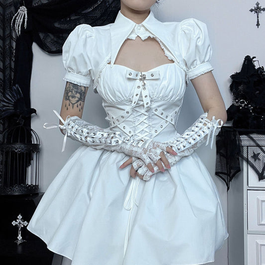 Polo Collar Bubble Sleeve Blouse Slim-Fit Crop Top