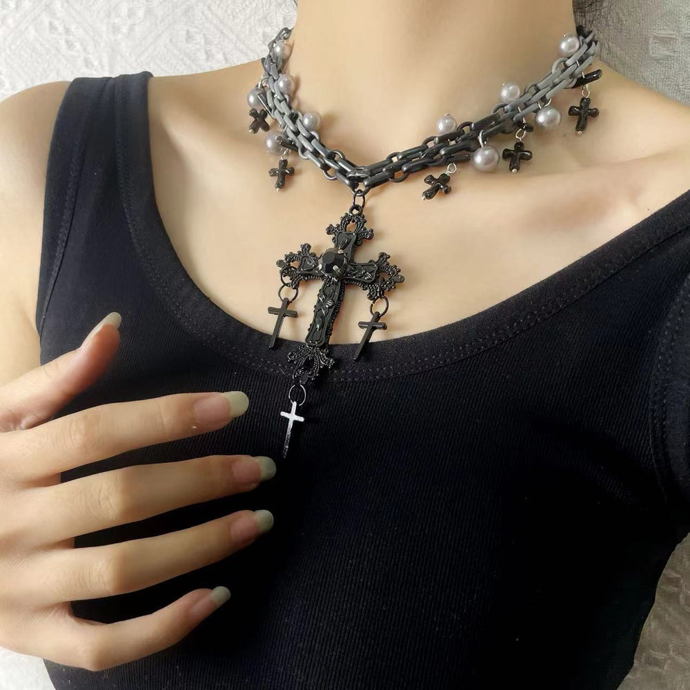 Gothic Sweet Punk Cross Tassel Pearl Hip-Hop Necklace Halloween