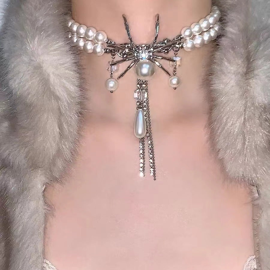Sweet Cool Double Layer Pearl Spider Necklace Halloween