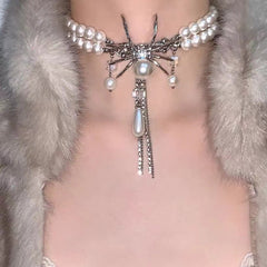 Sweet Cool Double Layer Pearl Spider Necklace Halloween
