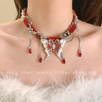 Sweet Cool Red Velvet Butterfly Tassel Gothic Exaggerated Personality Necklace Red Halloween
