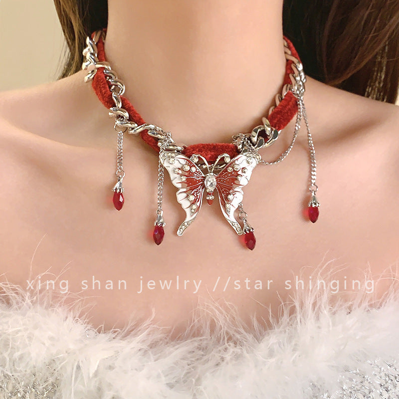 Sweet Cool Red Velvet Butterfly Tassel Gothic Exaggerated Personality Necklace Red Halloween