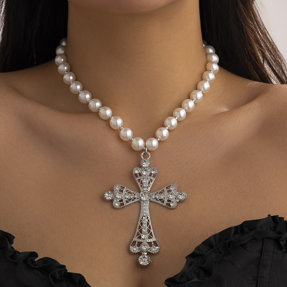 Imitation Pearl Cross Gothic Pendant Necklace Silver Halloween