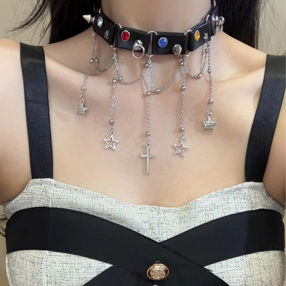 Star Cross Pendant Choker Necklace Y2K Punk Retro Dark Halloween