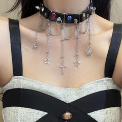 Star Cross Pendant Choker Necklace Y2K Punk Retro Dark Halloween