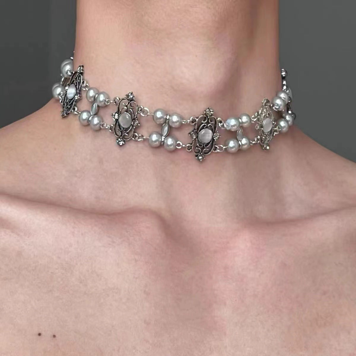 Retro Baroque Style Cross Pearl Layered Fashion Necklace Grey Halloween