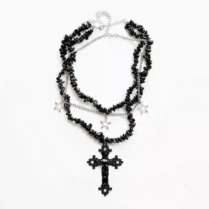Diamond Cross Star Double Layer Hip-Hop Dark Necklace Black Halloween