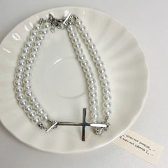 Double Layer Pearl Choker High-End Sweet Cool Necklace White Halloween