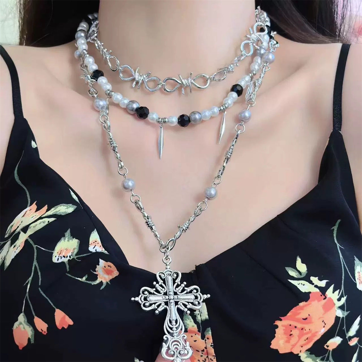 Gothic Beaded Thorn Heavy Punk Cross Pendant Vintage Layered Necklace Halloween