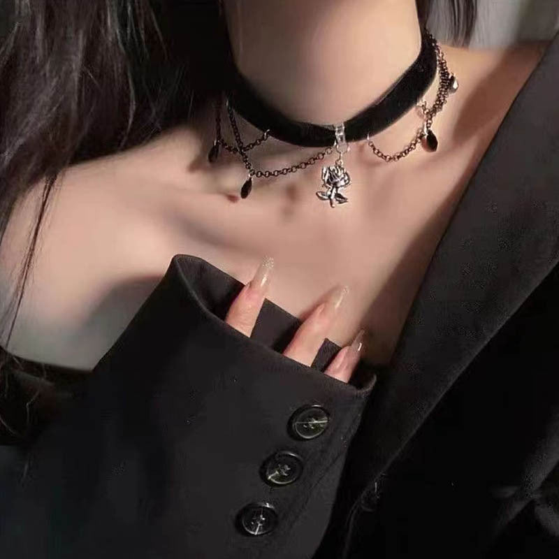 Dark Gothic Camellia Tassel Velvet Choker Hot Girl Necklace Halloween Main image