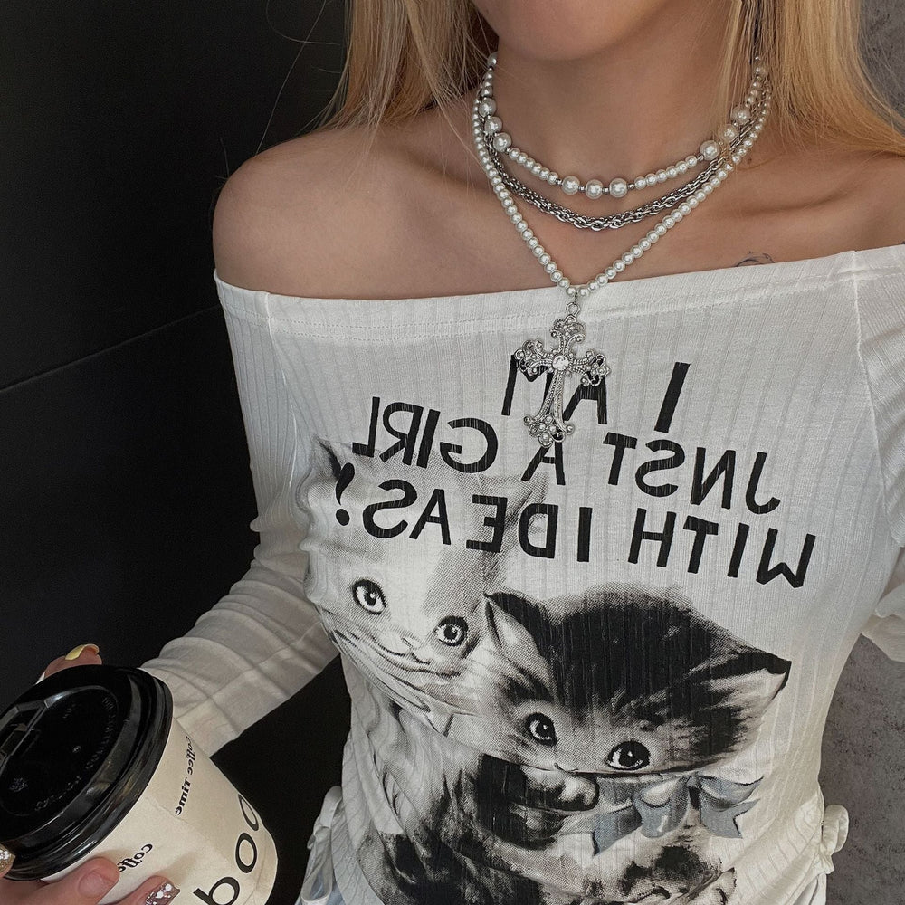 Trendy Layered Cross Pearl Baroque Necklace Silver Halloween