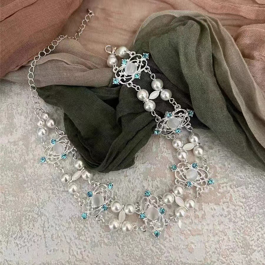 Retro Baroque Style Cross Pearl Layered Fashion Necklace White Halloween