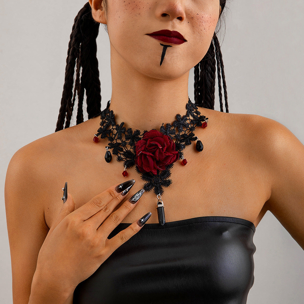 Gothic Red Lace Big Flower Sweet Sexy Geometric Pendant Halloween Necklace Main image