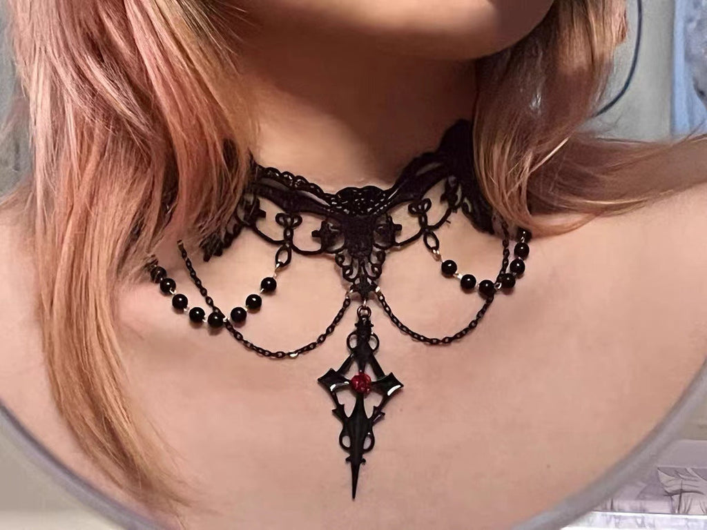 Dark Lolita Gothic Lace Pearl Cross Halloween Necklace Black