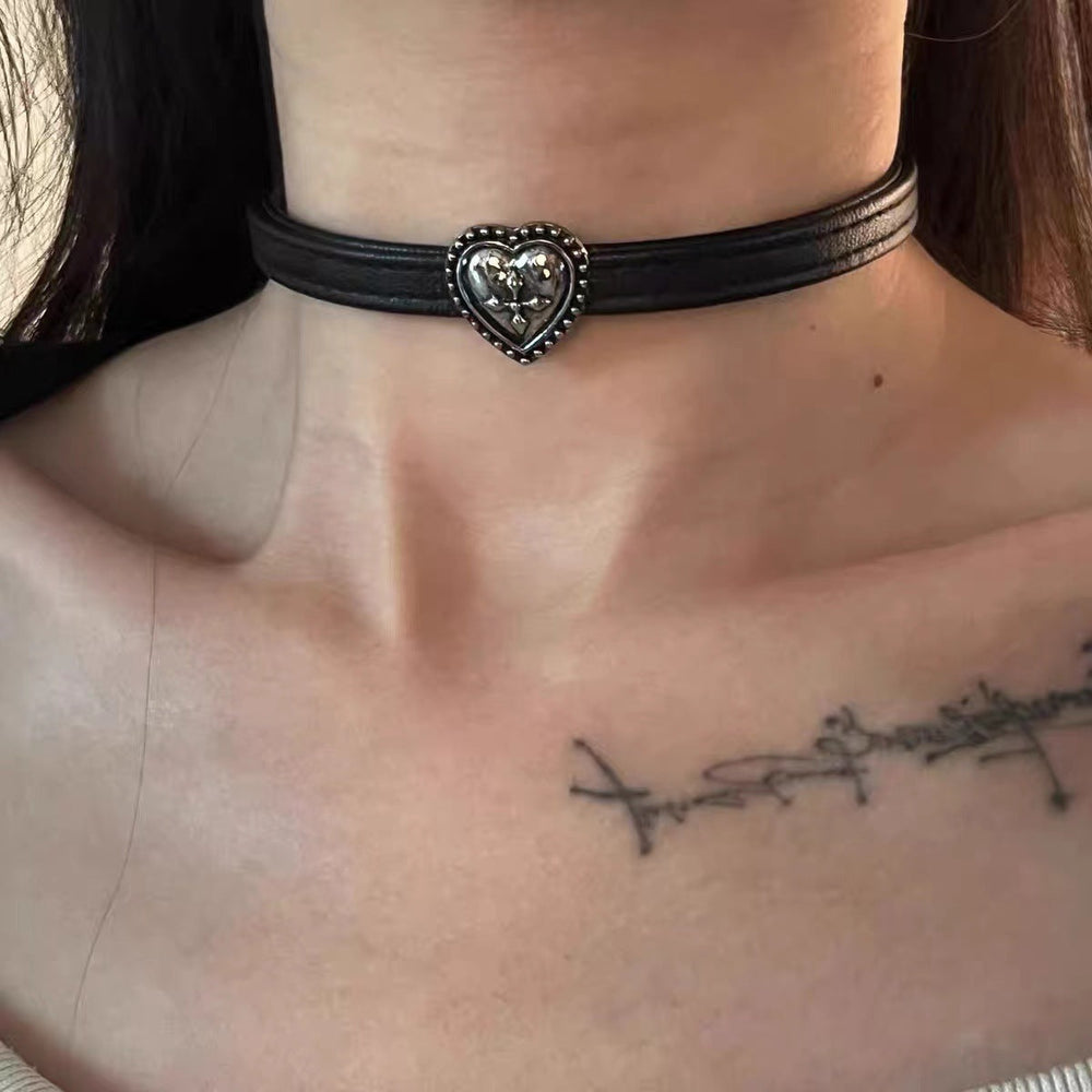 Vintage Distressed Black Leather Choker Necklace Halloween