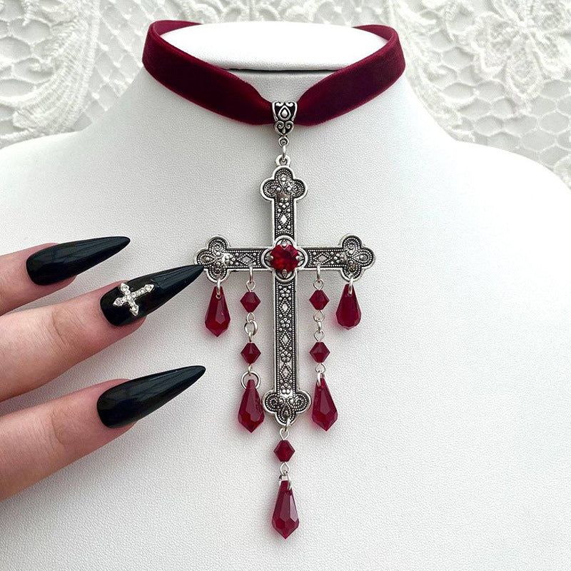 Gothic Cross Blood Drop Tassel Red Velvet Unique Necklace Red Halloween