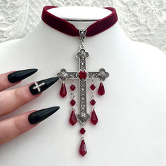 Gothic Cross Blood Drop Tassel Red Velvet Unique Necklace Red Halloween
