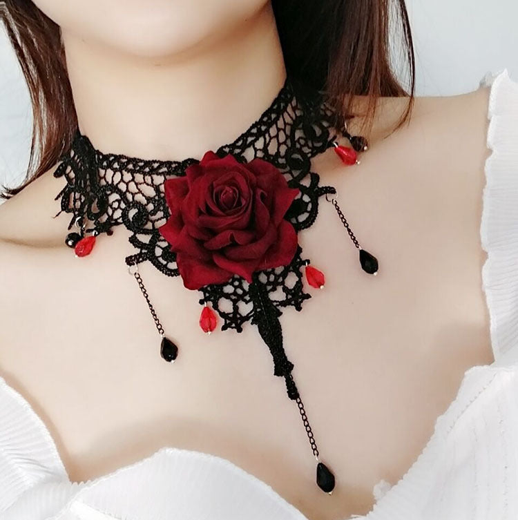 Gothic Vintage Rose Choker Pearl Necklace Halloween Main image