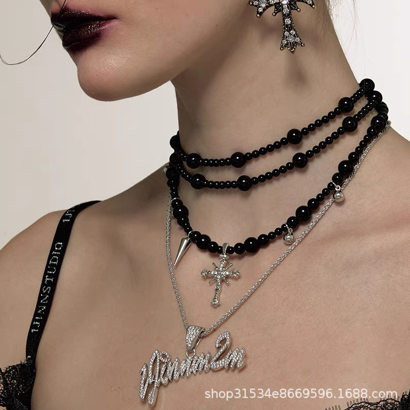 Dark Gothic Cross Beaded Multi-Layer Sweater Necklace Halloween
