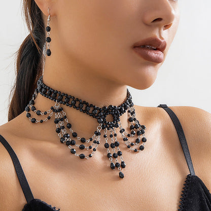 Gothic Beaded Woven Crystal Choker Necklace Halloween