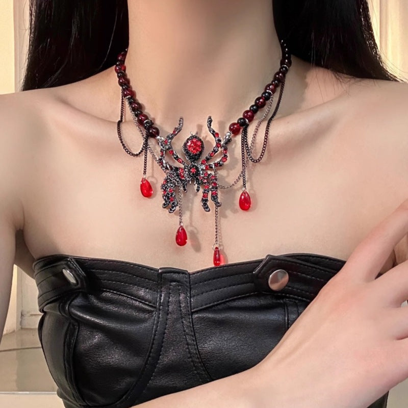 Y2K Heavy Dark Red Spider Tassel Necklace