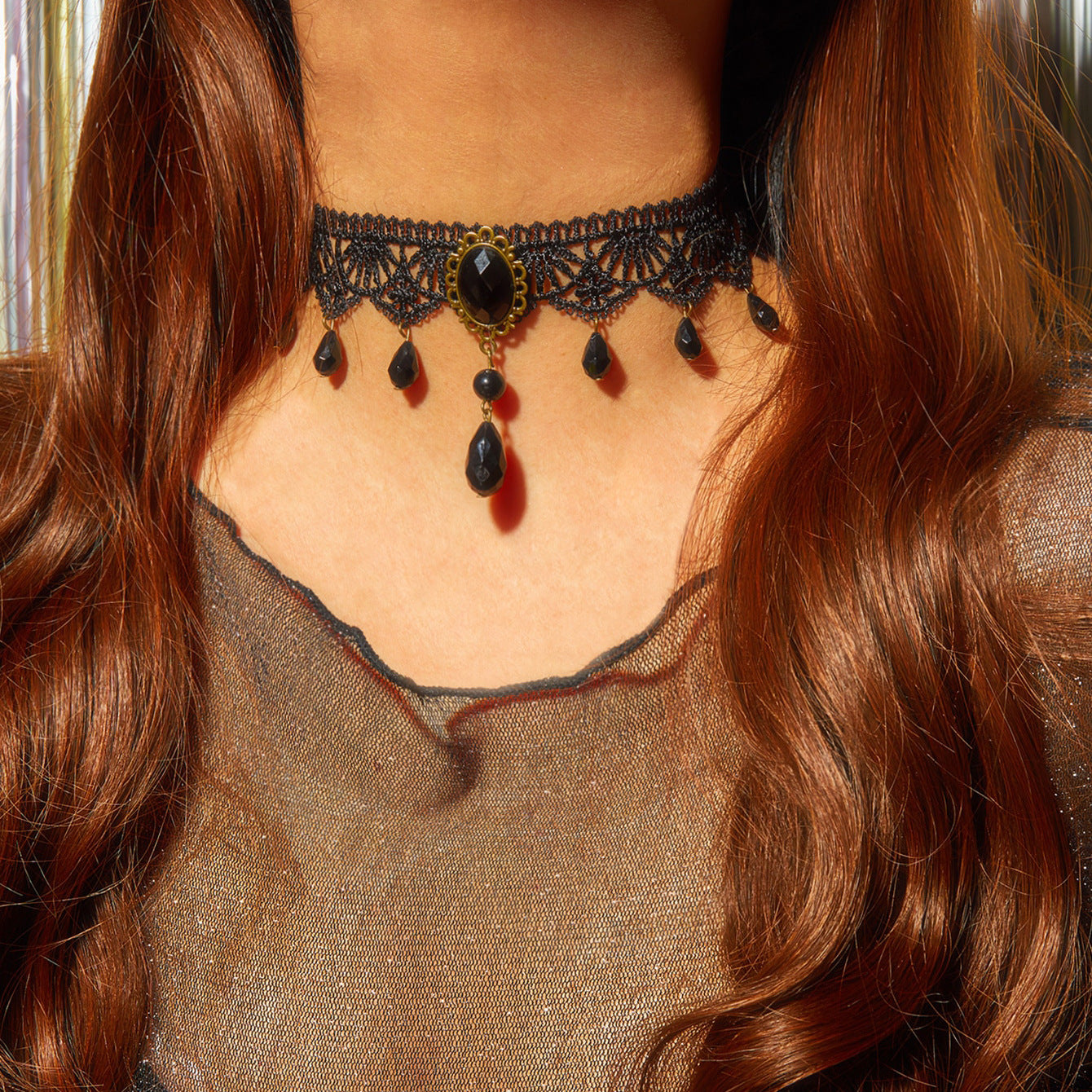 Creative Gothic Crystal Lace Layered Retro Personality Choker Necklace Black Halloween Main image